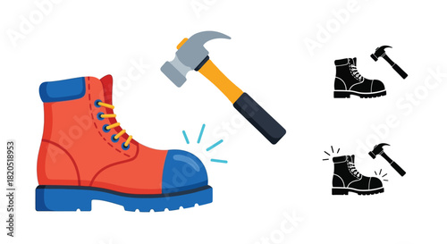 Illustration of a boot being hit by a hammer with line art versions