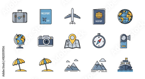 Travel and vacation icons including airplane, passport, camera, globe, suitcase, map, and beach umbrella