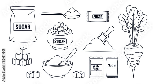 Illustration of various forms of sugar including beet and packaged sugar