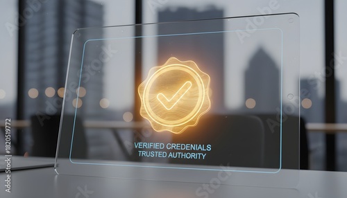 Holographic digital badge with glowing orange checkmark icon displayed on transparent screen in modern office setting symbolizing verification and security