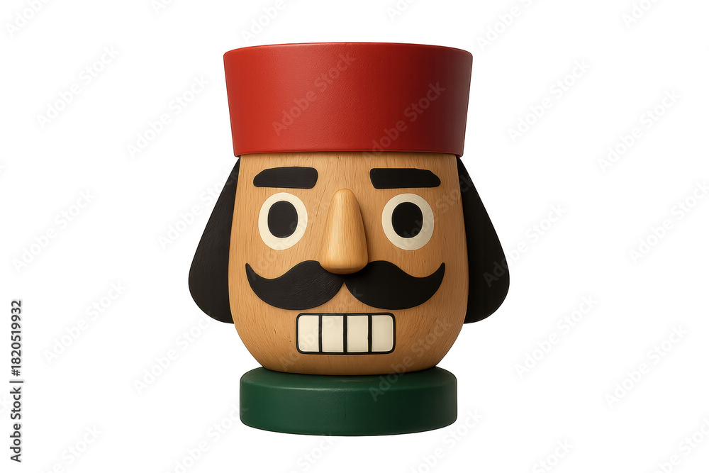 Fototapeta premium A traditional wooden nutcracker soldier head with a red hat, black mustache, and bared teeth, showcasing classic folk art craftsmanship for the festive Christmas holiday season