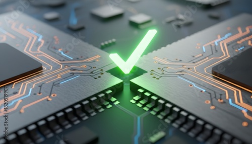 Glowing green checkmark symbol indicating success or validation on a futuristic microchip circuit board with glowing orange lines