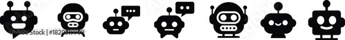 Robot face icon set in flat collection group, artificial intelligence AI chatbot android avatar head symbol pack, robotics automation machine humanoid bot kit, synonym cyborg AI digital assistant