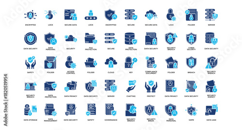 Data security icon set collection. Containing communications, arrows, database, multimedia, networking, server, personal .Solid vector icons collection
