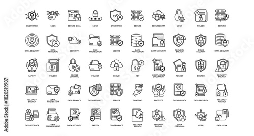 Data security icon set collection. Containing communications, arrows, database, multimedia, networking, server, personal .Line vector icons collection