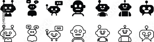 Robot face icon set in flat line collection group, artificial intelligence AI chatbot android avatar head symbol pack, robotics automation machine humanoid bot kit, synonym cyborg AI digital assistant