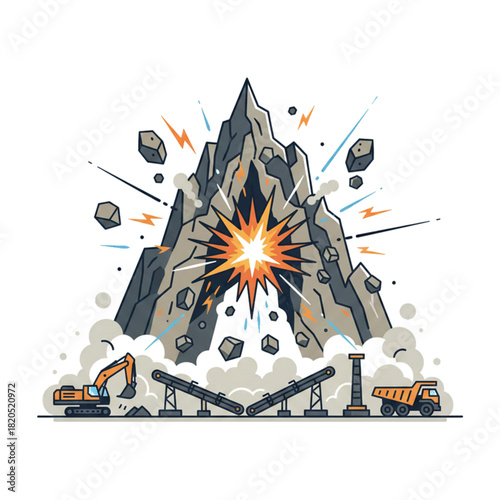 Illustration of a rock mountain being blasted for raw materials in the cement industry. Isolated on a white background.