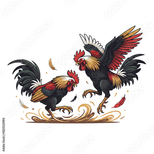 Illustration of two roosters fighting. Isolated on a white background.