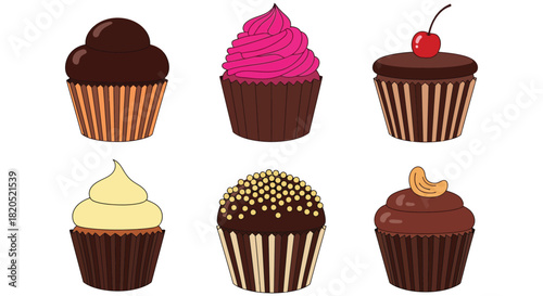 Illustration of six cupcakes with different toppings on a white background