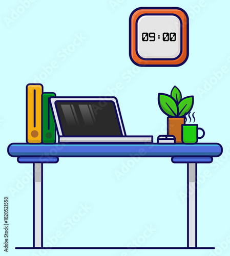 Minimalist Office Work Desk with Laptop and Clock Illustration. Use this clean asset for website headers, corporate training materials, e-learning courses, or content related to time management.