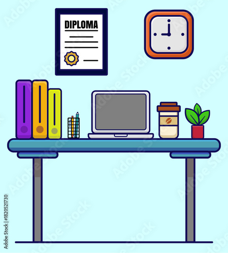 Minimalist Student Study Office Desk Illustration. Flat design vector illustration showing a clean, minimalist working space with a laptop, diploma, folders, and coffee.