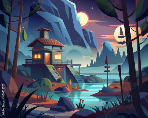 Cabin by the lake in mountain landscape