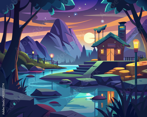 Cabin in mountain landscape at twilight