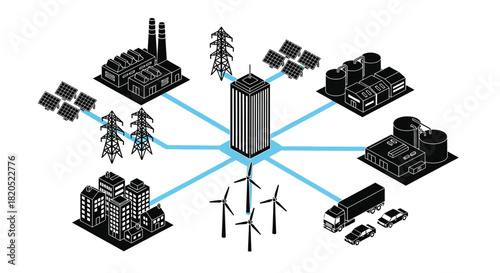 Illustration of a smart city connected to various energy sources