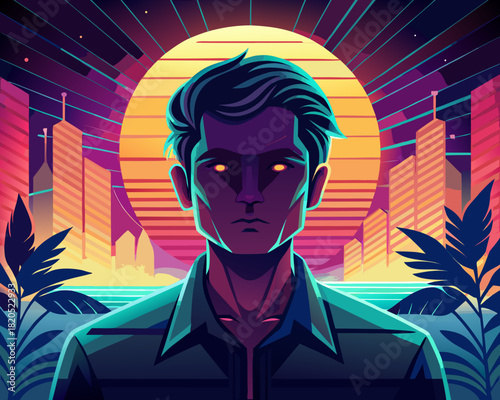 Man in retro-futuristic synthwave city