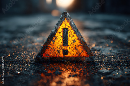 Road sign triangular shape with exclamation mark on a background of asphalt. The texture of the tarmac, top view.