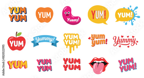 Collection of various designs featuring the words yum and yummy