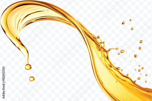 abstract smooth liquid cooking, engine, olive oil and honey splashing with droplets in curve style isolated on white background