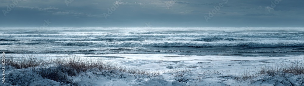 Fototapeta premium A serene winter seascape featuring icy waves and a tranquil shoreline under a cloudy sky.