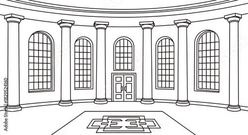 Illustration of a pink room with columns windows and a patterned rug