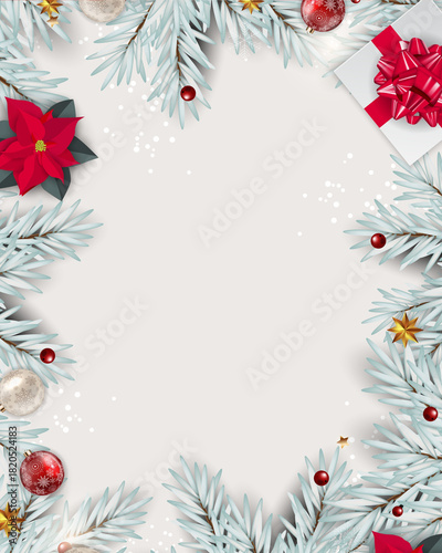 Winter Christmas and New Year Greeting Card Illustration Featuring White Background, Evergreen Tree Branch Frames, Holiday Gift Boxes & Decorative Elements, Perfect for Posters, Social Media.