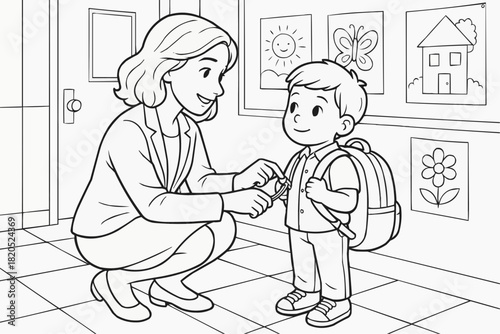 Children's coloring book - A teacher helps a first grader put on a backpack