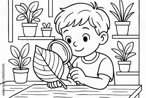 Children's coloring book - Boy examining a leaf with a magnifying glass at a table with plants  