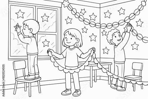 Children's coloring book - Children decorating classroom with stars and garlands for celebration  