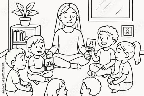 Children's coloring book - The teacher conducts meditation lessons for children in the classroom during group work 