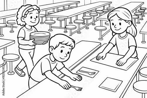 Children's coloring book - Children set the tables in the dining room, preparing for lunch