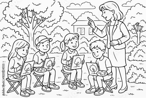 Children's coloring book - Children painting with teacher in park on sunny day  