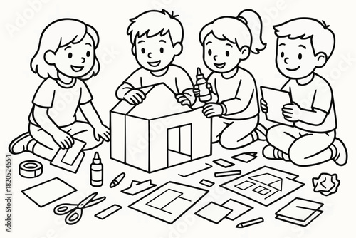 Children's coloring book - Children crafting a model house together on the floor with supplies  