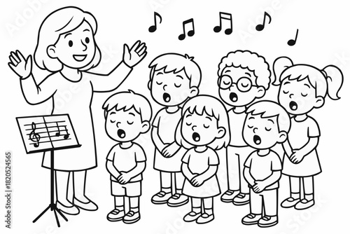 Children's coloring book - Female choir director conducting children singing in black and white  