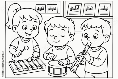 Children's coloring book - Kids playing musical instruments in music class with joy  
