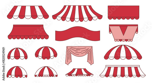 Collection of various awning designs in red and beige color scheme