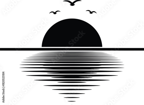 Minimalist sunset ocean horizon birds simple black and white illustration eps silhouette