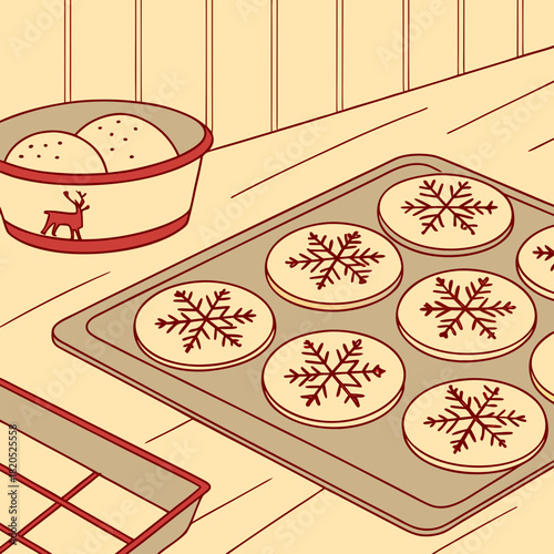 Christmas cookies decorated with snowflakes on a baking sheet