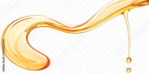 abstract smooth liquid cooking, engine, olive oil and honey splashing with droplets in curve style isolated on white background
