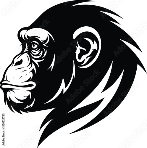 Vector illustration of a chimpanzee head black and white profile view eps silhouette