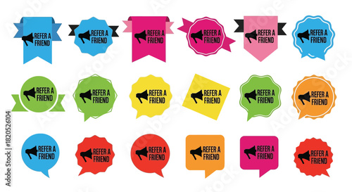 Collection of colorful refer a friend badges with megaphone icons
