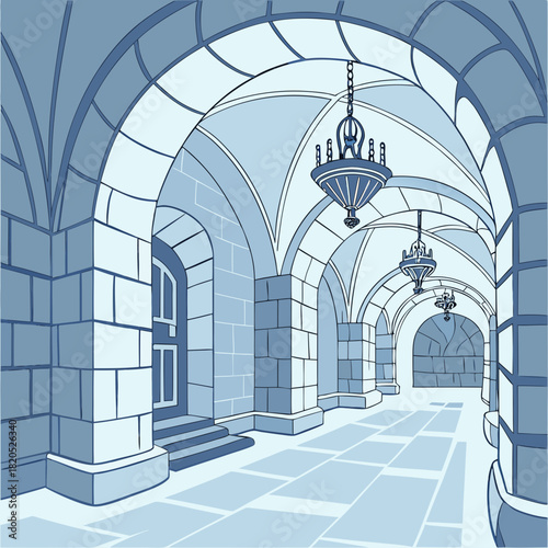 Gothic archway corridor with chandeliers and stone walls
