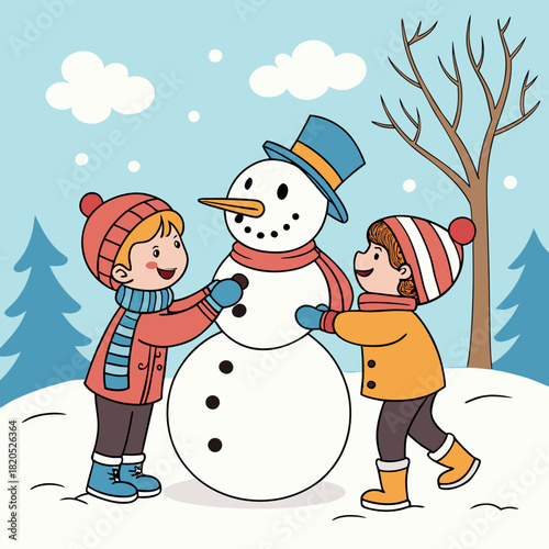 Happy children building a snowman together in a winter wonderland