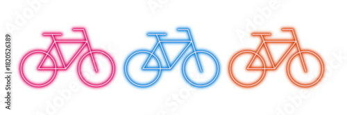 Neon glowing bicycle vector icons set, cycling, bike, sport, ride, transport, healthy, activity, vibrant colorful digital design illustration on transparent background.