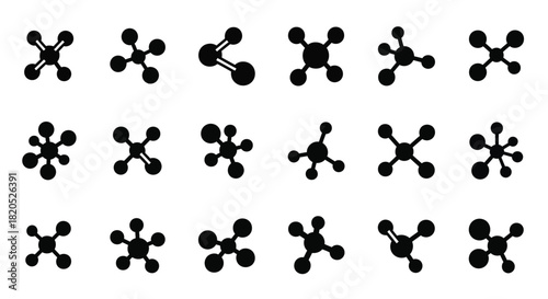 Illustration of multiple black molecule icons on a white background