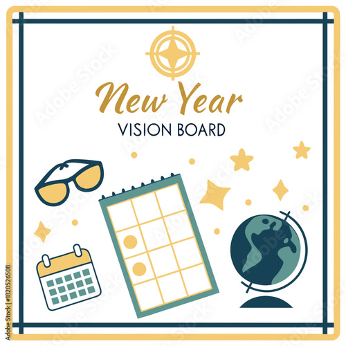 New year vision board with globe calendar and sunglasses