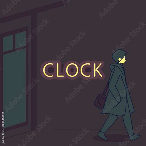 Person walking past a neon clock sign at night