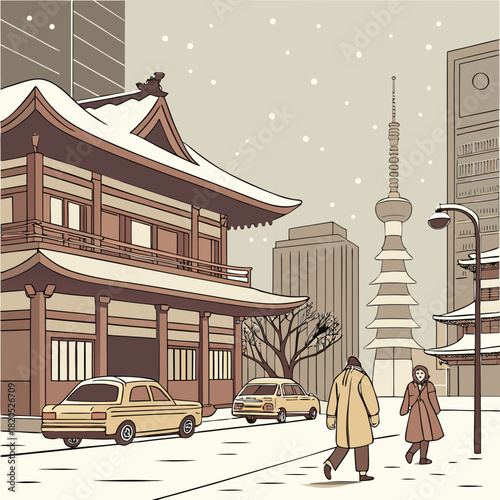 Snowy tokyo street scene with traditional temple and modern tower