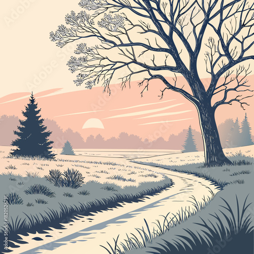 Stylized landscape with a winding path and bare tree at sunset
