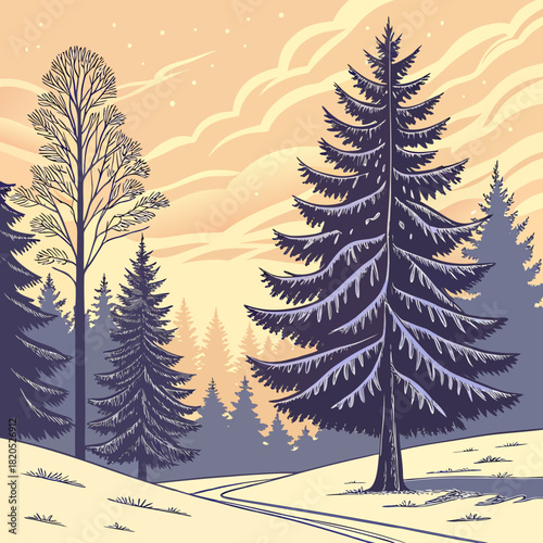 Stylized winter forest scene with snow covered trees and a path
