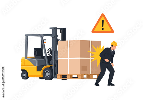 Under a hovering warning triangle, a yellow forklift carrying a view-obstructing load strikes a worker's back in this industrial safety illustration